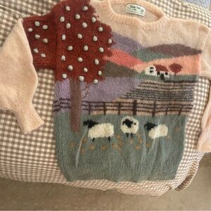Vtg 80's Susan Vale Mohair Sheep Sweater Women's Size Large Wildlife Hand Knit.